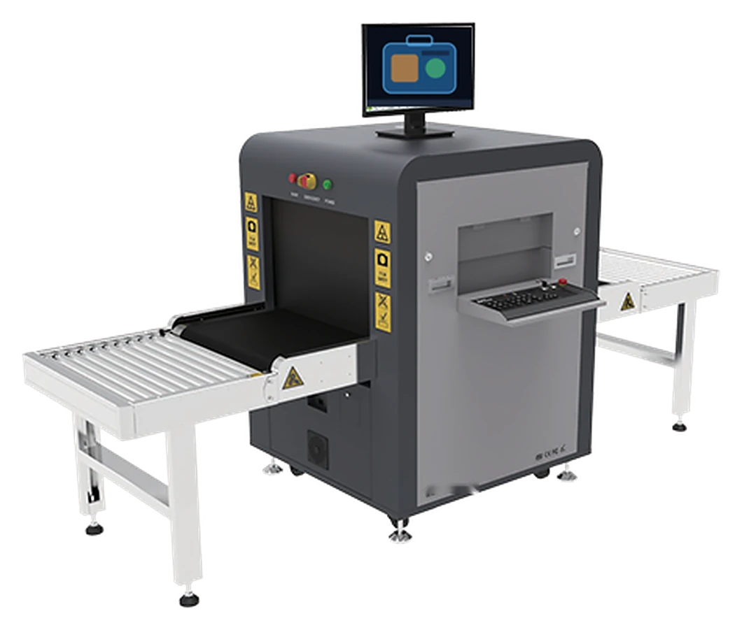 X-ray baggage scanner with roller conveyor and monitor